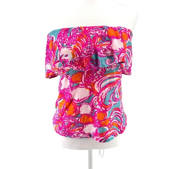 Lilly Pulitzer Strapless Ruffle Top XS Multi-Color EUC Bright Pink Orange Blue P - Picture 1 of 9